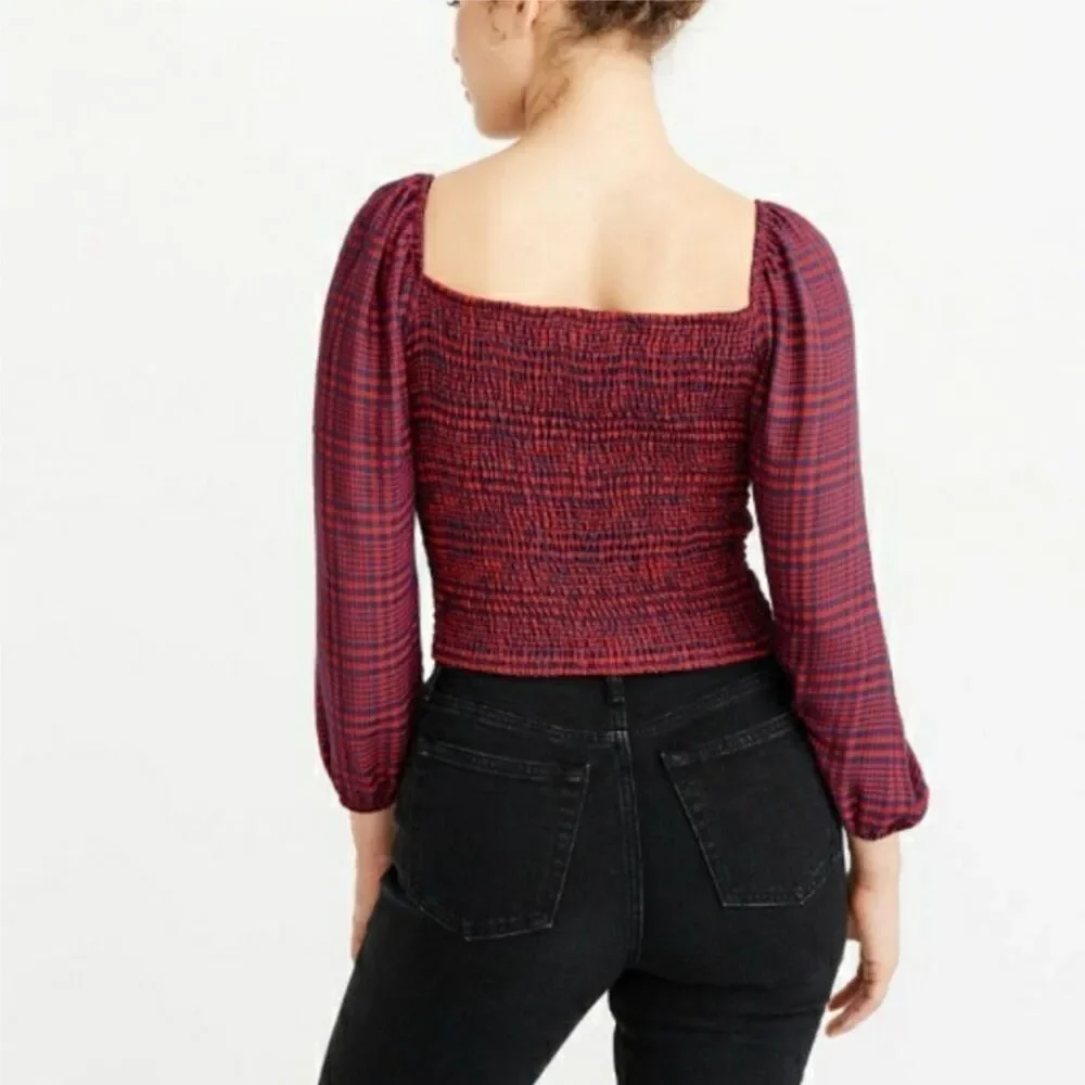 Abercrombie & Fitch Plaid Cropped Fitted Waist Balloon Sleeve Blouse Top Medium